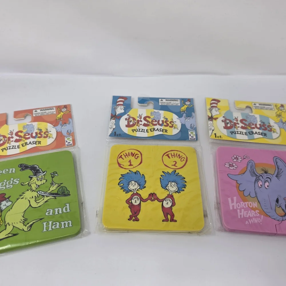 Dr Suess Puzzle Erasers Thing 1 & 2 Horton Hears a Who Green Eggs and Ham Lot 3